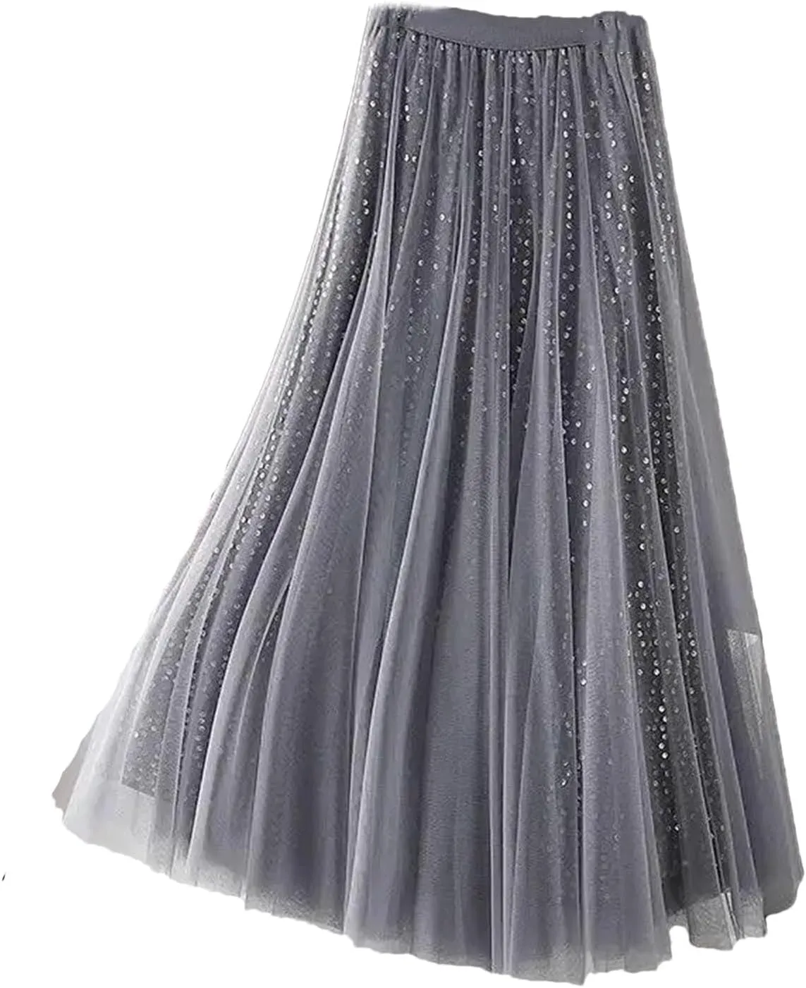Sequined Tulle Pleated Long Skirt Women Spring Elastic Waist Fashion Elegant Mesh Skirt Large Swing Midi Skirt