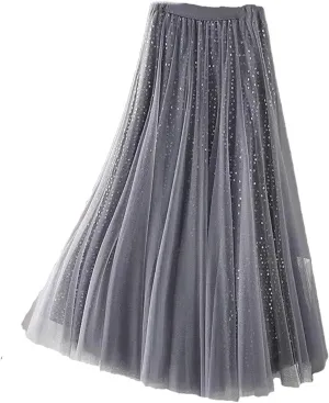Sequined Tulle Pleated Long Skirt Women Spring Elastic Waist Fashion Elegant Mesh Skirt Large Swing Midi Skirt