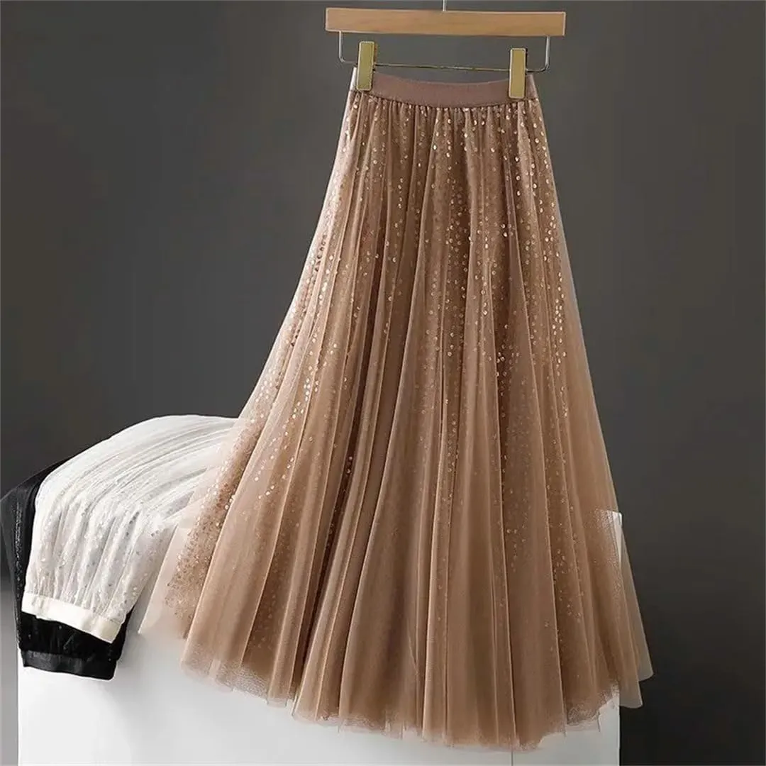 Sequined Tulle Pleated Long Skirt Women Spring Elastic Waist Fashion Elegant Mesh Skirt Large Swing Midi Skirt