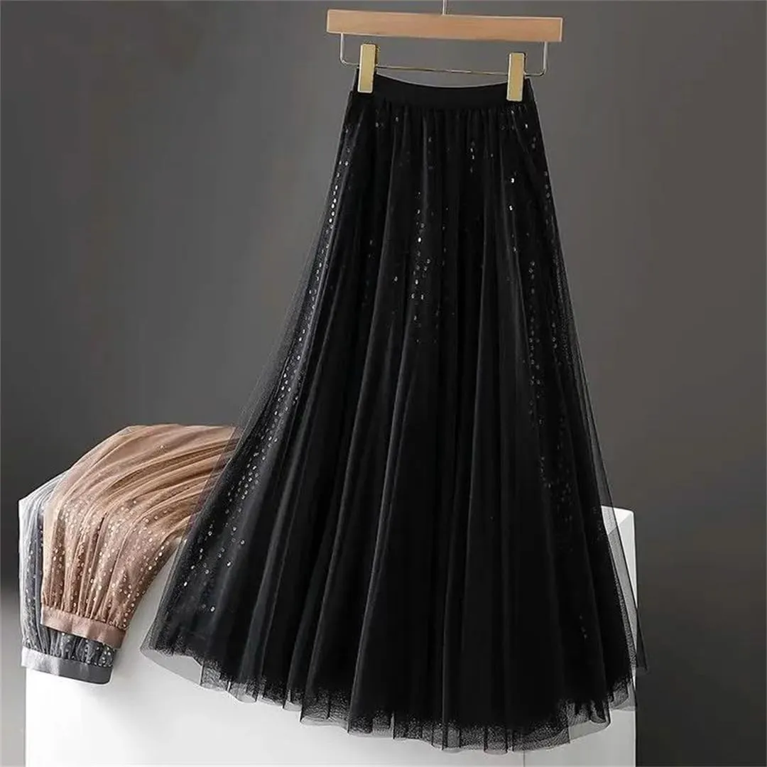Sequined Tulle Pleated Long Skirt Women Spring Elastic Waist Fashion Elegant Mesh Skirt Large Swing Midi Skirt