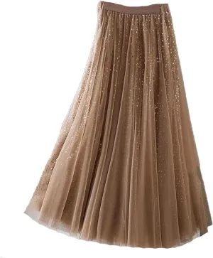 Sequined Tulle Pleated Long Skirt Women Spring Elastic Waist Fashion Elegant Mesh Skirt Large Swing Midi Skirt