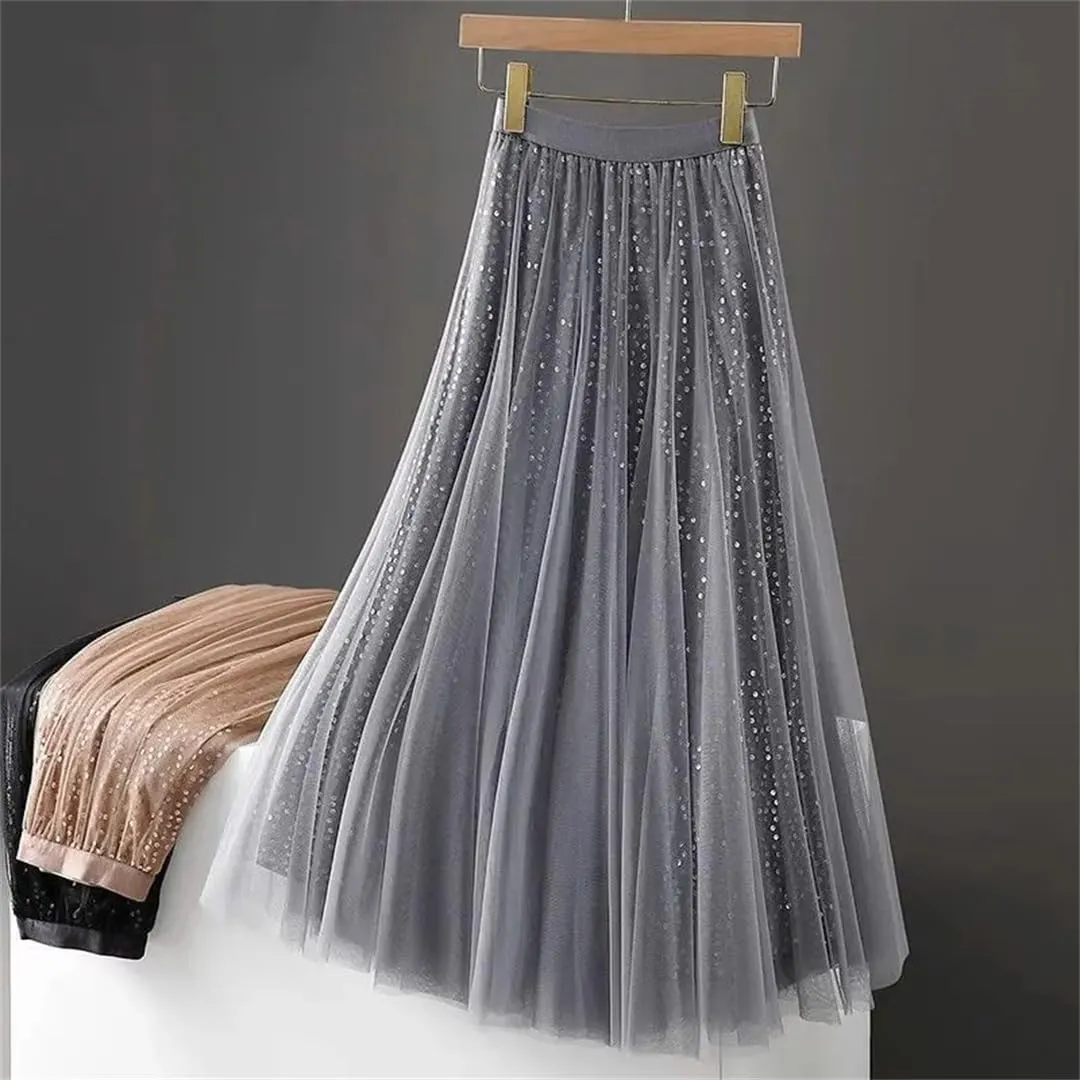 Sequined Tulle Pleated Long Skirt Women Spring Elastic Waist Fashion Elegant Mesh Skirt Large Swing Midi Skirt