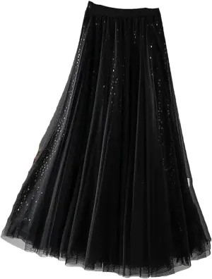 Sequined Tulle Pleated Long Skirt Women Spring Elastic Waist Fashion Elegant Mesh Skirt Large Swing Midi Skirt