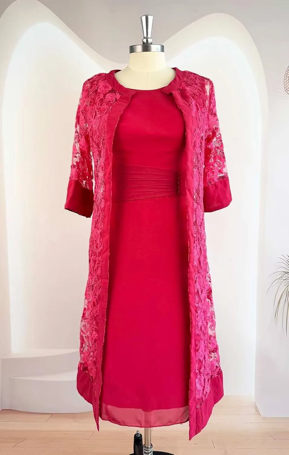 Short Sleeve Mother of The Bride Dresses with Jackets Laces Chiffon 2 Piece Formal Party Gowns Tea Length