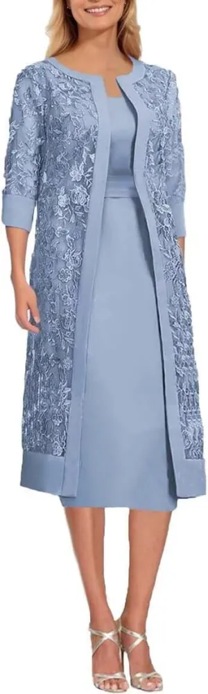 Short Sleeve Mother of The Bride Dresses with Jackets Laces Chiffon 2 Piece Formal Party Gowns Tea Length