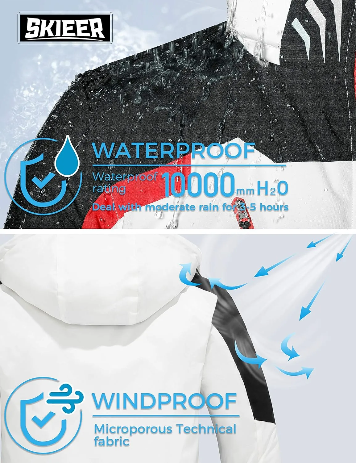 Skieer Men's Waterproof Ski Jacket Winter Snow Coat Windproof Snowboarding Jackets Warm Raincoat