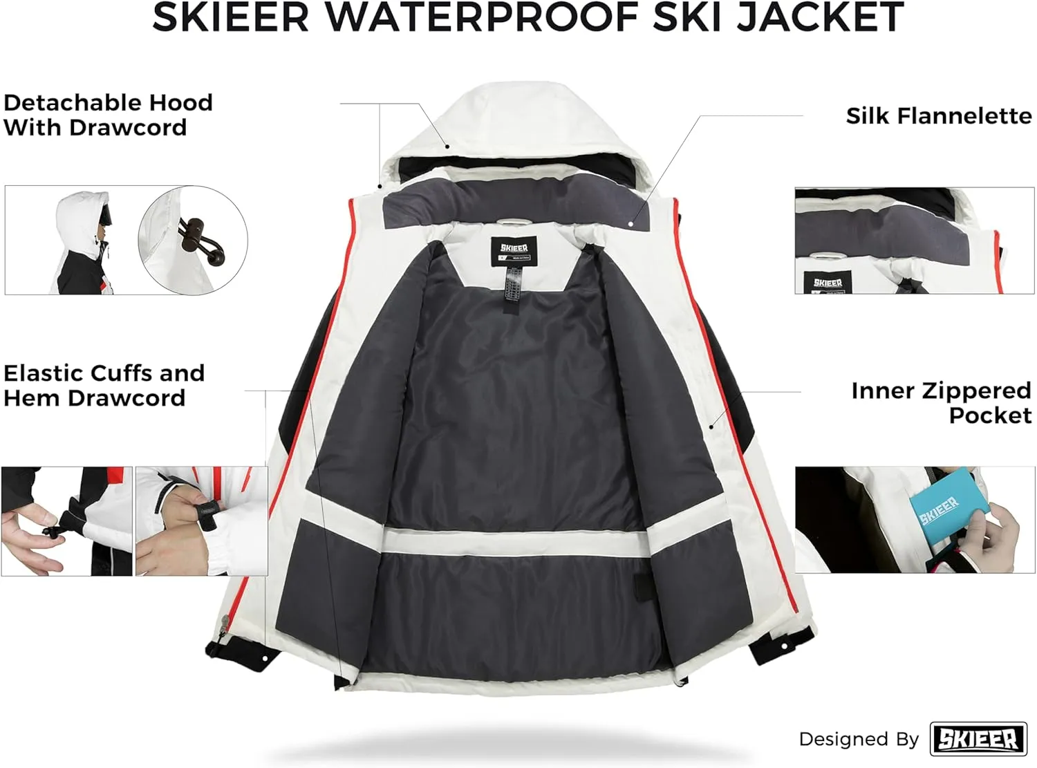 Skieer Men's Waterproof Ski Jacket Winter Snow Coat Windproof Snowboarding Jackets Warm Raincoat