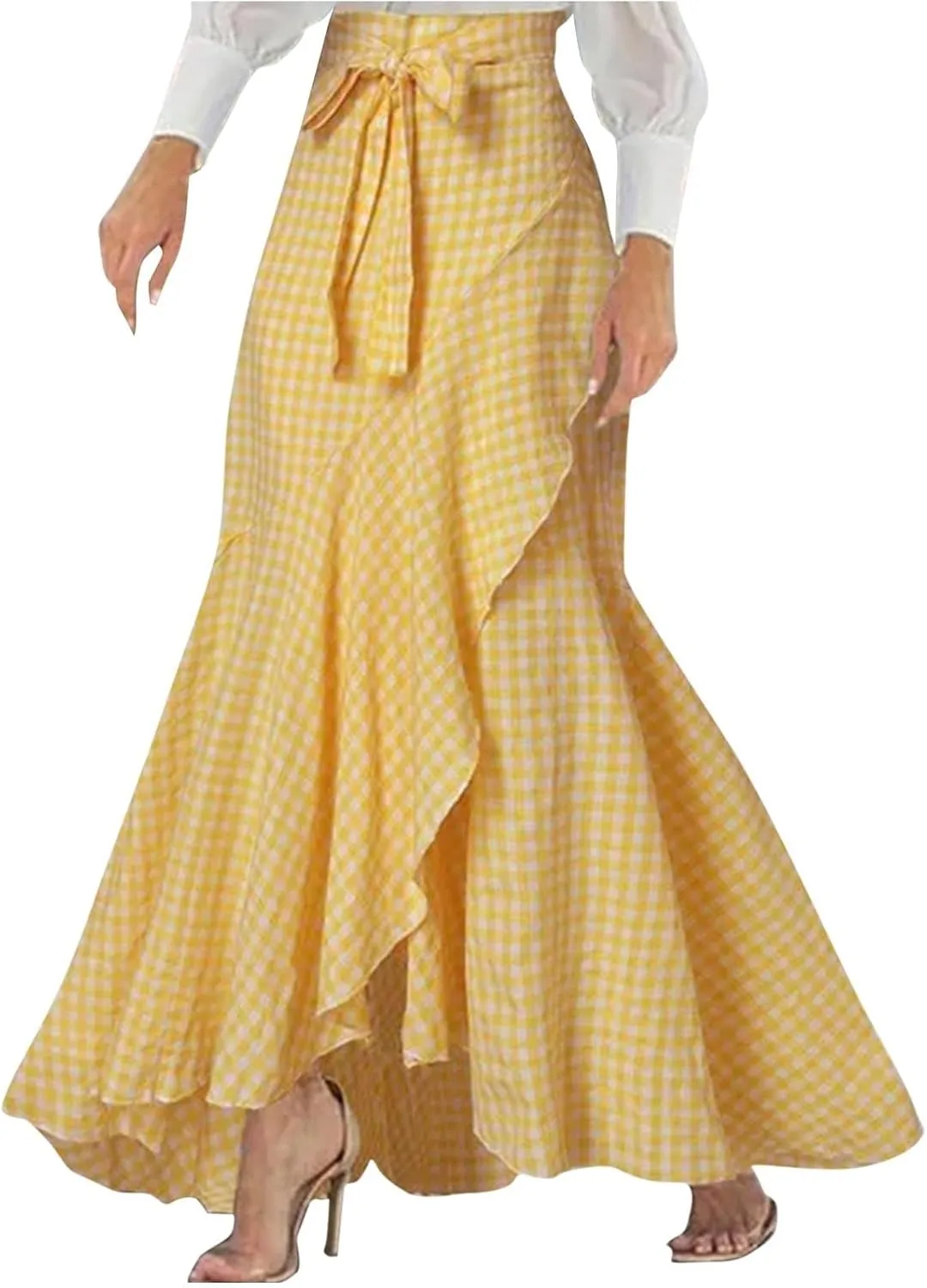 Skirts for Women Flowy Long Skirts High Waist Irregular Hem Skirt Plus Size A Line Maxi Skirts Solid Plaid Skirt