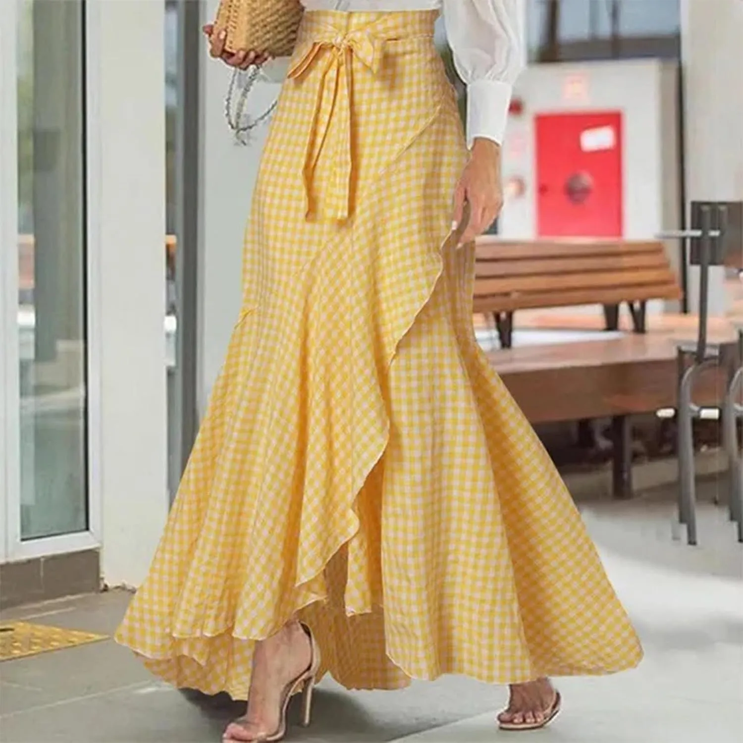 Skirts for Women Flowy Long Skirts High Waist Irregular Hem Skirt Plus Size A Line Maxi Skirts Solid Plaid Skirt