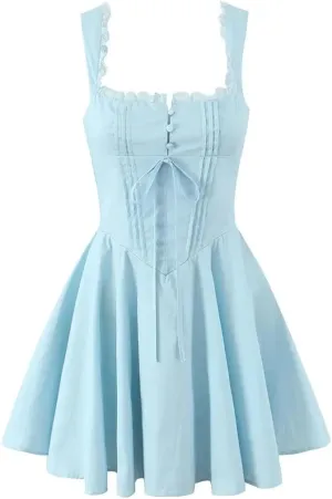Sleeveless Lace Up Dress for Women Lace Spliced A-Line Mini Party Dresses Birthday Robe