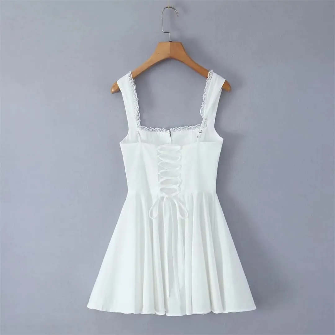 Sleeveless Lace Up Dress for Women Lace Spliced A-Line Mini Party Dresses Birthday Robe