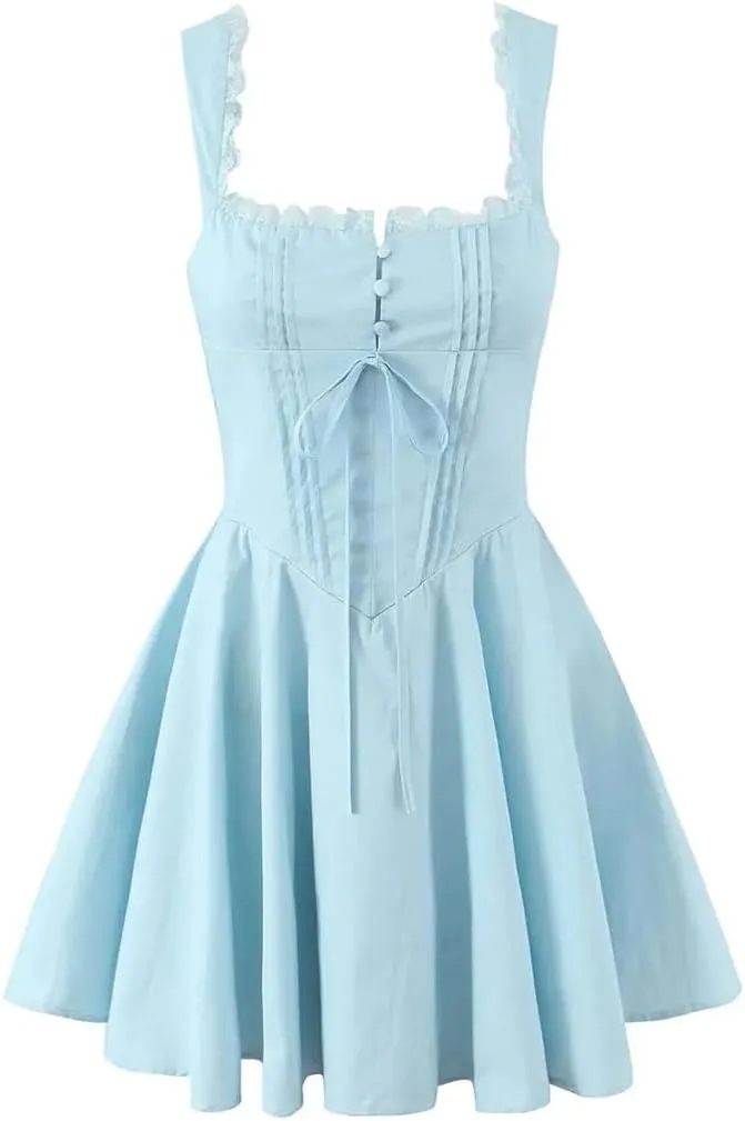 Sleeveless Lace Up Dress for Women Lace Spliced A-Line Mini Party Dresses Birthday Robe