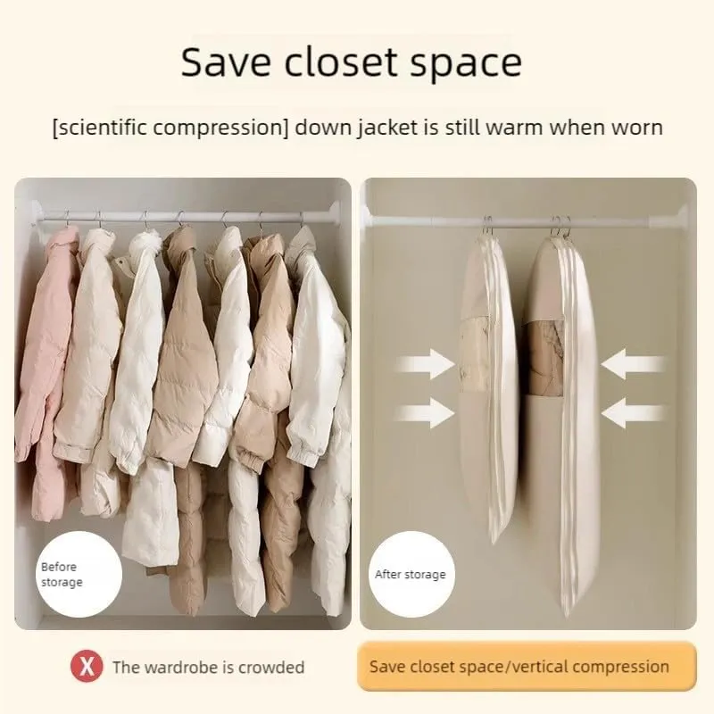 Space Saving Hanging Garment Bag with Compression Zipper, Down Coat Storage Organizer, 40% Compression, Side Opening Design (L)