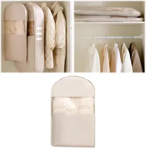 Space Saving Hanging Garment Bags for Storage, Closet Organizers with Self Compression Zipper, Organizers Dust Cover Clothes Bags for Down Coat Bag (Beige, S)