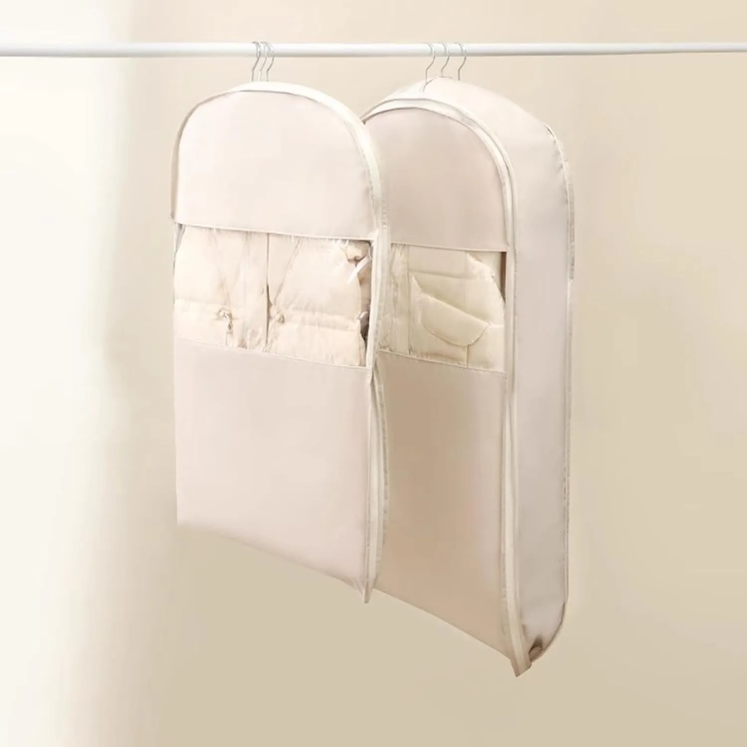 Space Saving Hanging Garment Bags for Storage, Closet Organizers with Self Compression Zipper, Organizers Dust Cover Clothes Bags for Down Coat Bag (Beige, S)