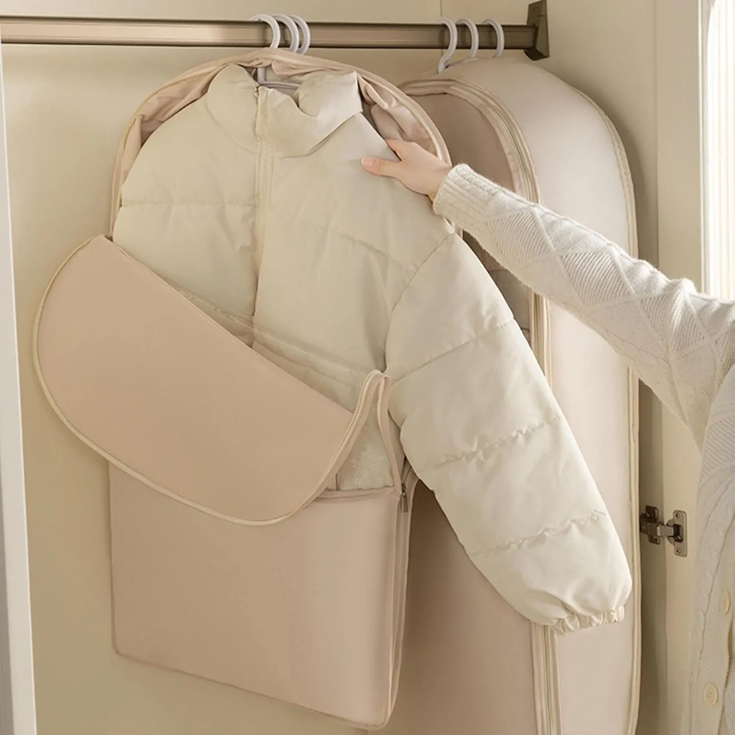 Space Saving Hanging Garment Bags for Storage, Closet Organizers with Self Compression Zipper, Organizers Dust Cover Clothes Bags for Down Coat Bag (Beige, S)