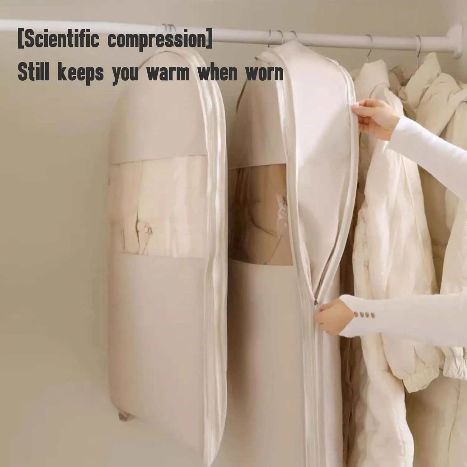 Space Saving Hanging Garment Bags for Storage, Closet Organizers with Self Compression Zipper, Organizers Dust Cover Clothes Bags for Down Coat Bag (Beige, S)