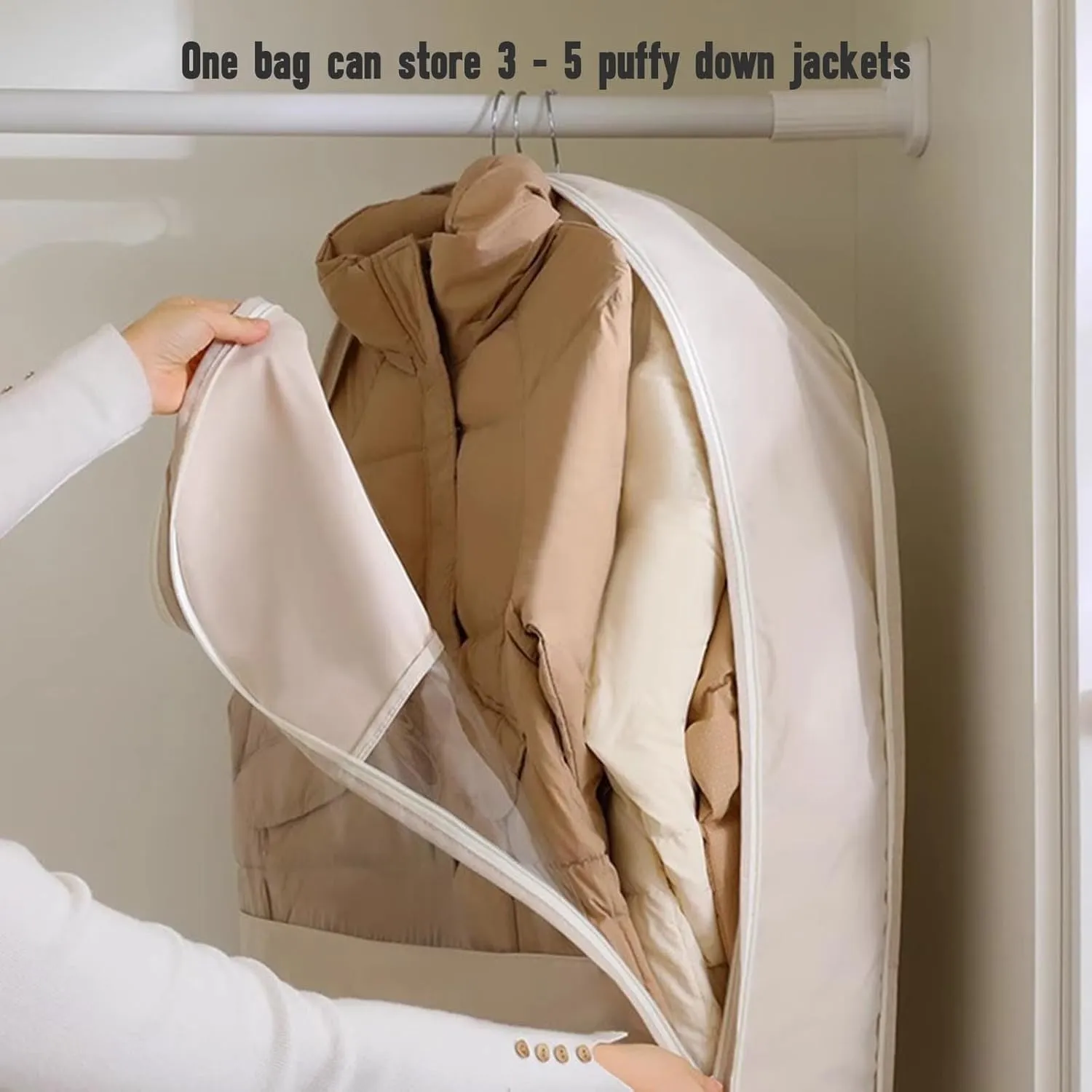 Space Saving Hanging Garment Bags for Storage, Closet Organizers with Self Compression Zipper, Organizers Dust Cover Clothes Bags for Down Coat Bag (Beige, S)