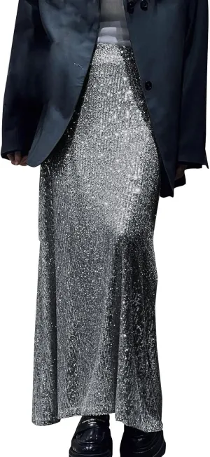 Sparkly Maxi Skirts for Women Sequin Mid Waist Metallic Drape Midi Skirt Plus Size Night Out Fitted Clubwear 2024