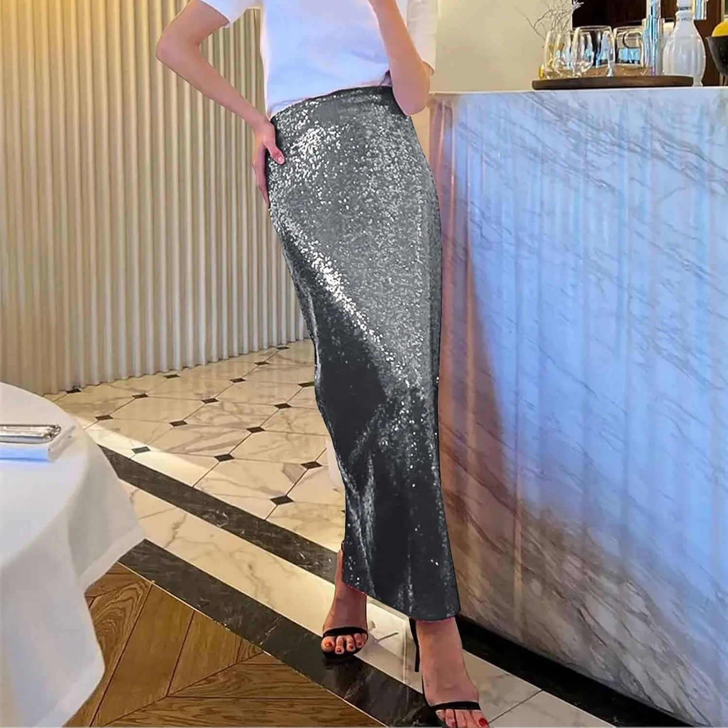 Sparkly Maxi Skirts for Women Sequin Mid Waist Metallic Drape Midi Skirt Plus Size Night Out Fitted Clubwear 2024