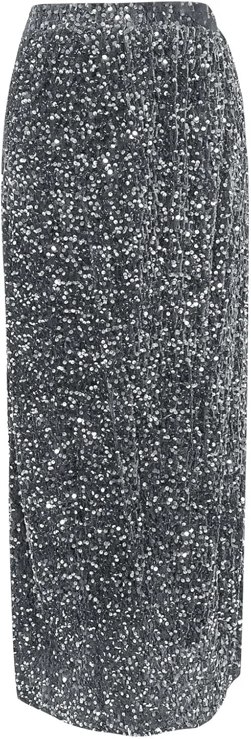 Sparkly Maxi Skirts for Women Sequin Mid Waist Metallic Drape Midi Skirt Plus Size Night Out Fitted Clubwear 2024
