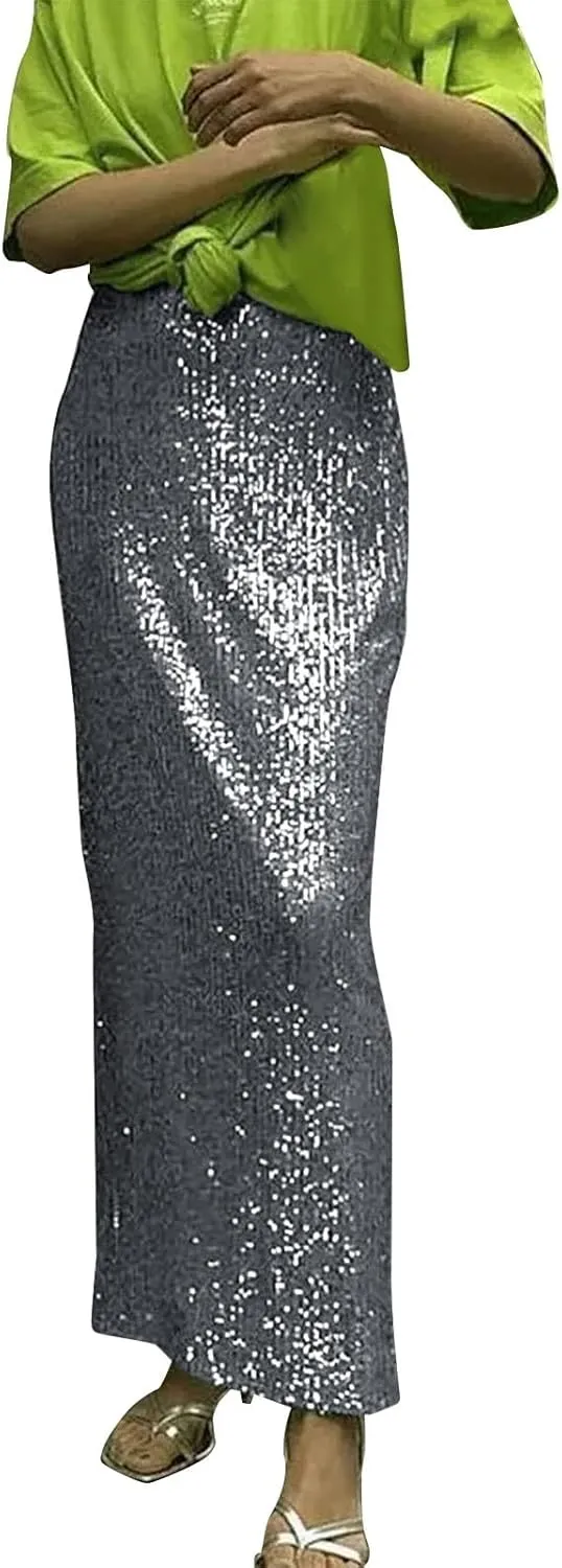 Sparkly Maxi Skirts for Women Sequin Mid Waist Metallic Drape Midi Skirt Plus Size Night Out Fitted Clubwear 2024