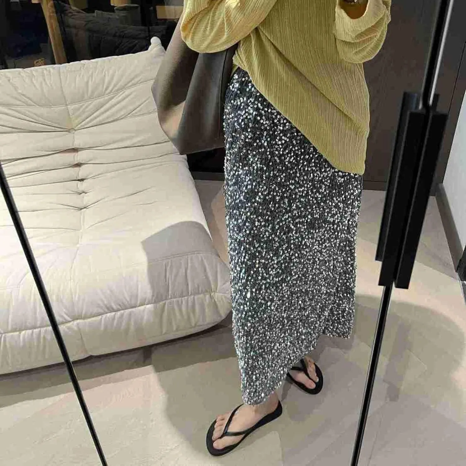Sparkly Maxi Skirts for Women Sequin Mid Waist Metallic Drape Midi Skirt Plus Size Night Out Fitted Clubwear 2024