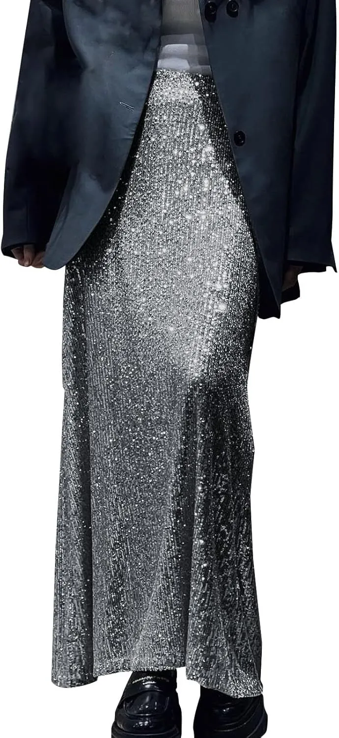 Sparkly Maxi Skirts for Women Sequin Mid Waist Metallic Drape Midi Skirt Plus Size Night Out Fitted Clubwear 2024