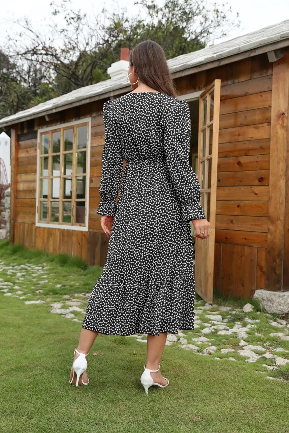 Spevert Women's Fall Floral V Neck Midi Dress Long Sleeve Polka Dot Maxi Dress Ruffle Elastic Waist Boho Dresses
