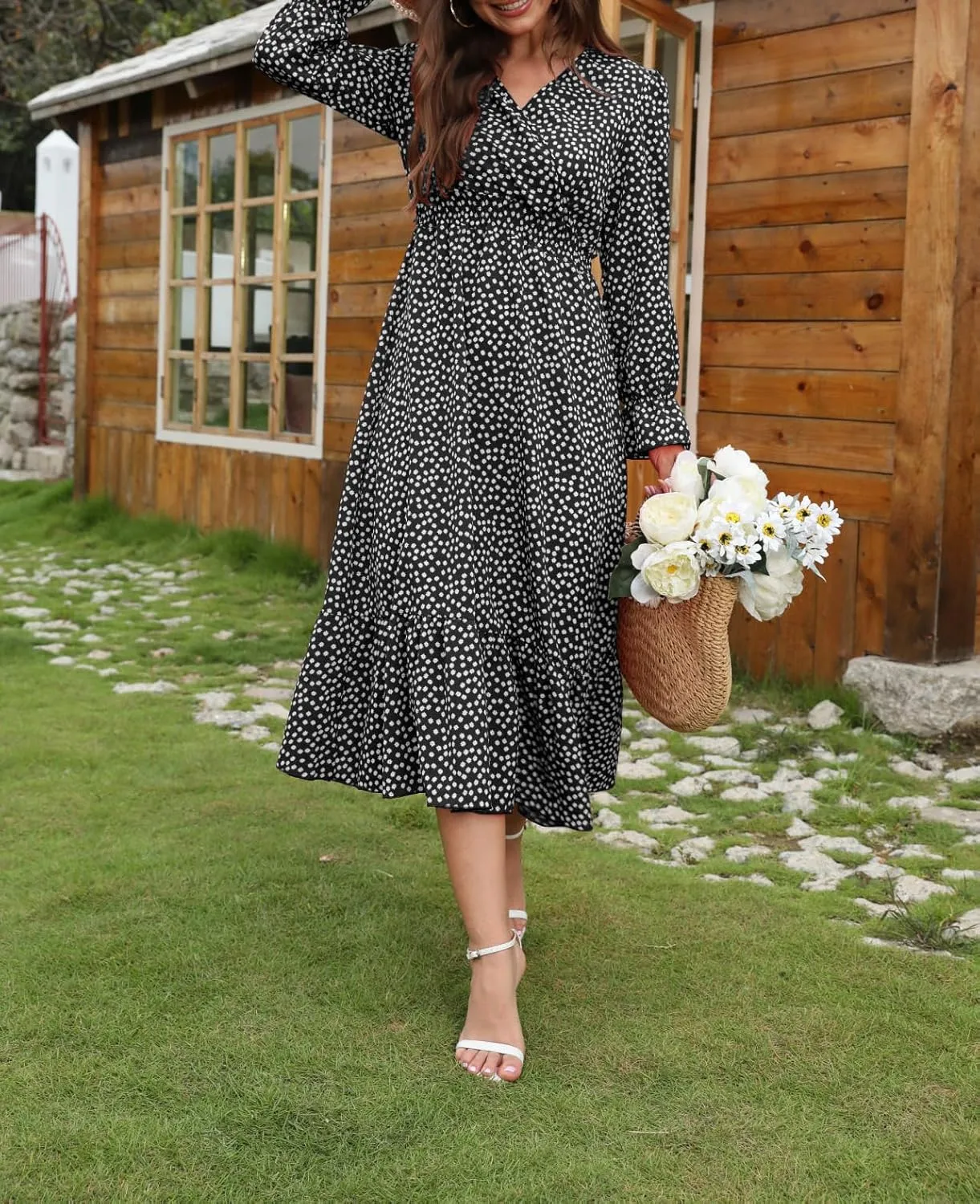 Spevert Women's Fall Floral V Neck Midi Dress Long Sleeve Polka Dot Maxi Dress Ruffle Elastic Waist Boho Dresses