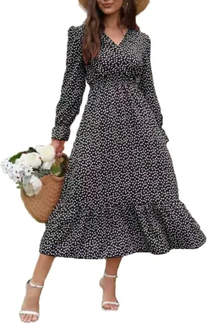 Spevert Women's Fall Floral V Neck Midi Dress Long Sleeve Polka Dot Maxi Dress Ruffle Elastic Waist Boho Dresses