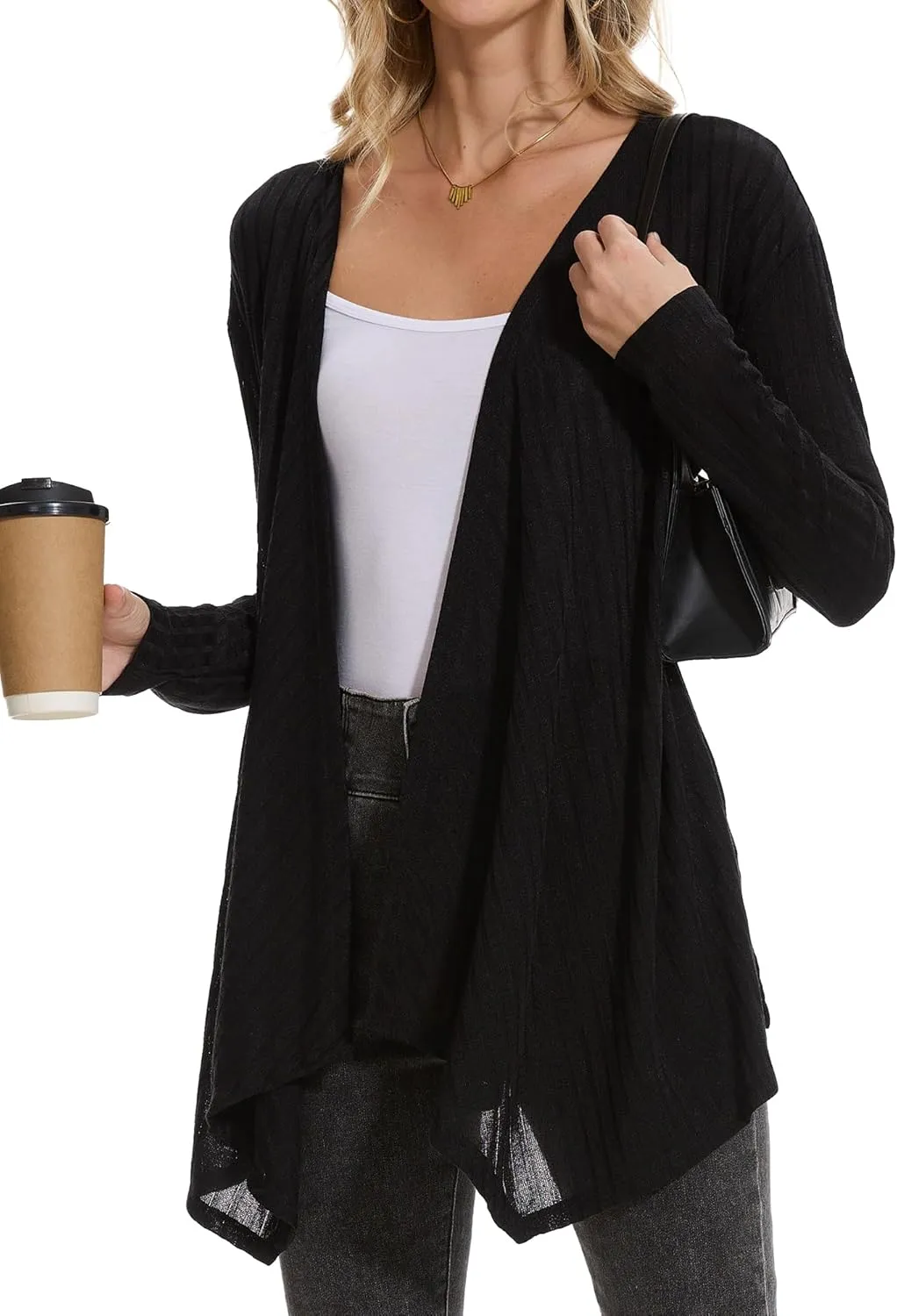 Spicy Sandia Women's Lightweight Draped Front Cardigan Sweaters Long Sleeve Irregular Hem Waterfall Soft Cardigans