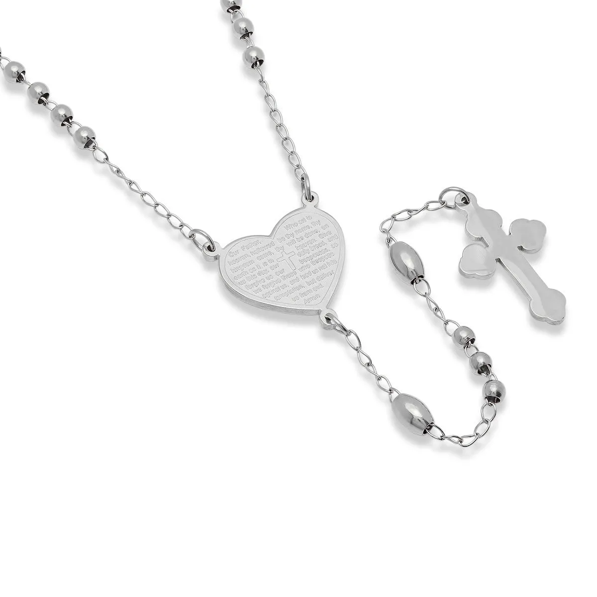 SteelTime Women's Stainless Steel Our Father Prayer Heart Rosary Necklace