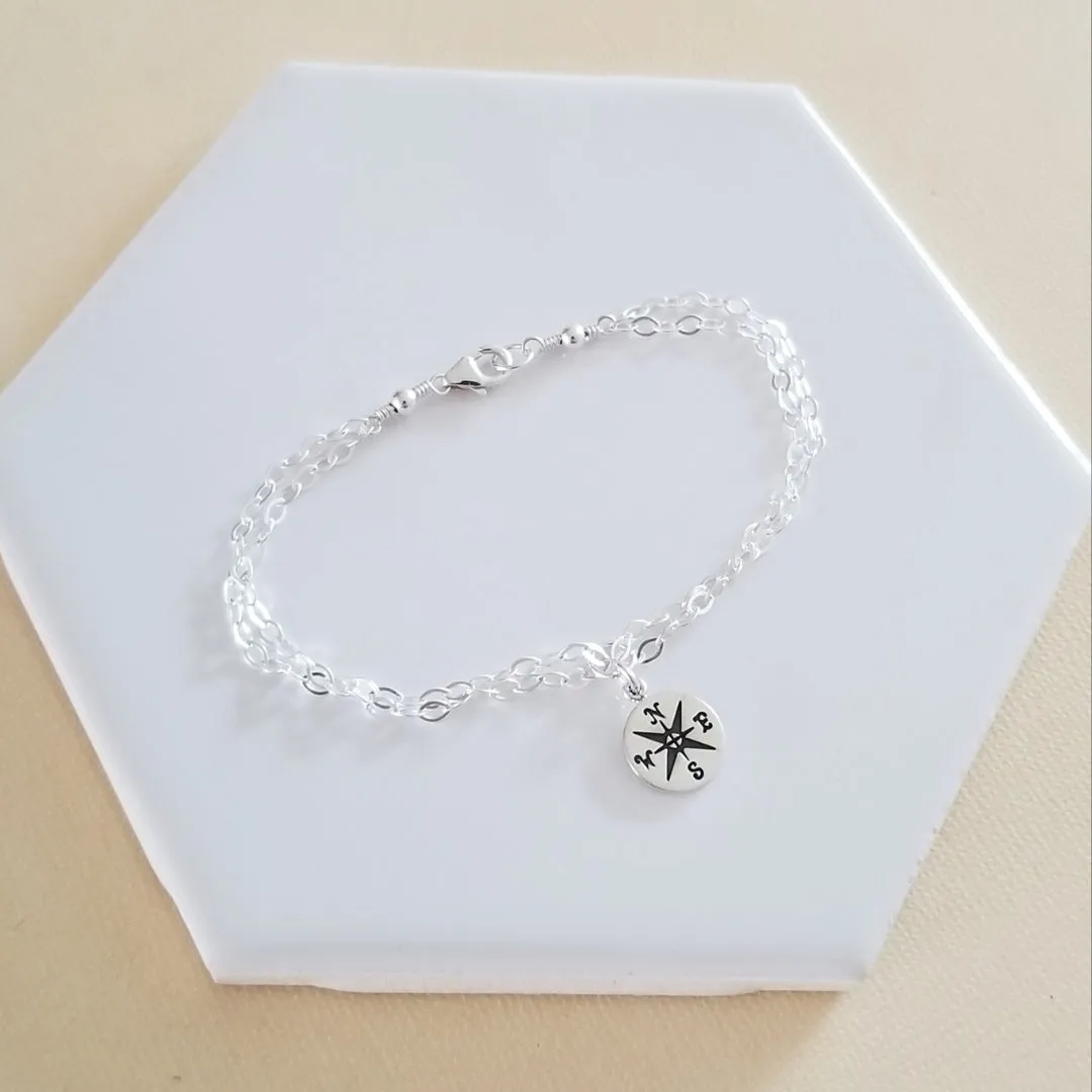 Sterling Silver Compass Charm Bracelet, Graduation Gift Idea