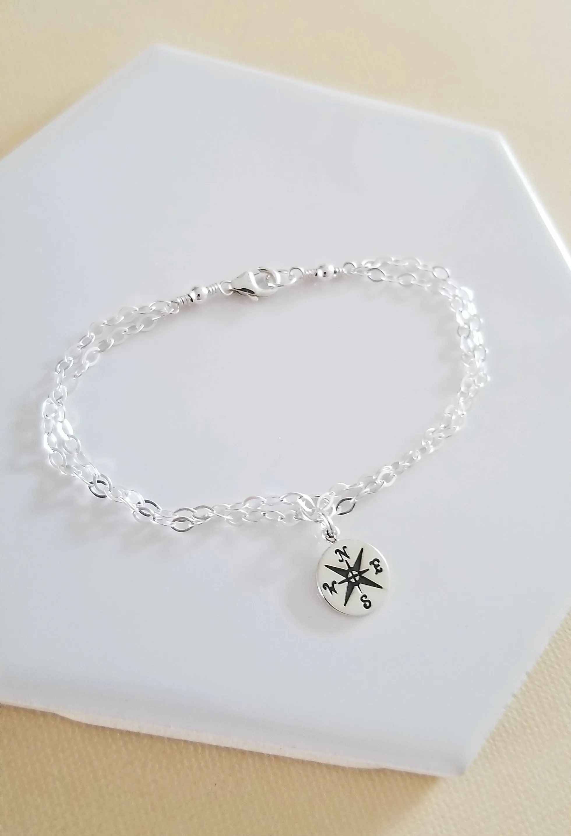 Sterling Silver Compass Charm Bracelet, Graduation Gift Idea