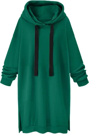 Stessotudo Oversized Long Hoodies for Women Solid Fleece Loose Fit Lounge Sweatshirts Drawstring Casual Comfy Hoodie Dress