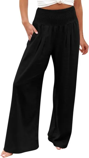 Summer Beach Pants for Women 2025 Baggy Y2K Summer Stretchy Boho Beach Pants Relaxed Loose Fit Elastic Lightweight Trousers