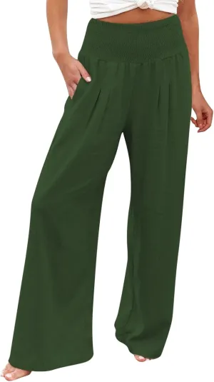 Summer Beach Pants for Women 2025 Baggy Y2K Summer Stretchy Boho Beach Pants Relaxed Loose Fit Elastic Lightweight Trousers