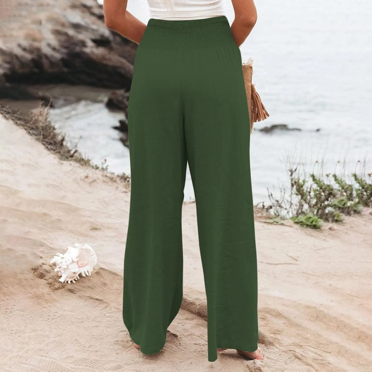 Summer Beach Pants for Women 2025 Baggy Y2K Summer Stretchy Boho Beach Pants Relaxed Loose Fit Elastic Lightweight Trousers