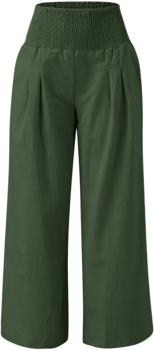 Summer Beach Pants for Women 2025 Baggy Y2K Summer Stretchy Boho Beach Pants Relaxed Loose Fit Elastic Lightweight Trousers