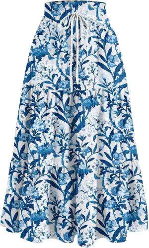 Summer Boho Maxi Skirt Floral Casual Drawstring Elastic High Waist Long Skirts A Line Pleated Tiered Going Out Skirts