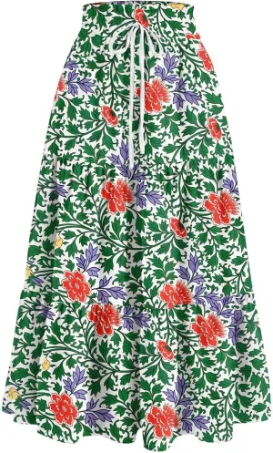 Summer Boho Maxi Skirt Floral Casual Drawstring Elastic High Waist Long Skirts A Line Pleated Tiered Going Out Skirts