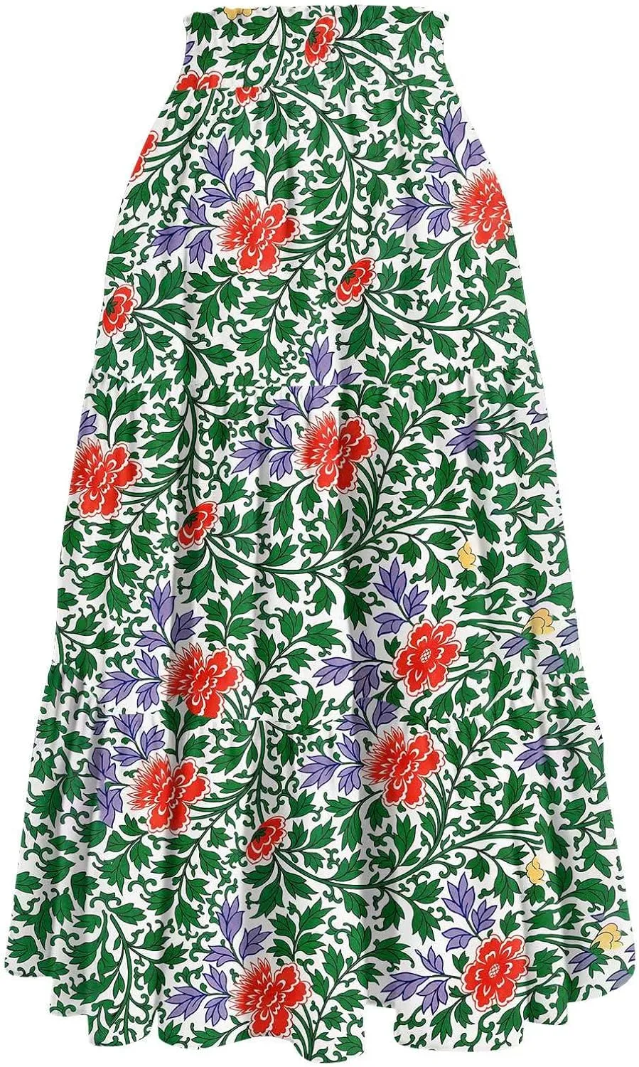 Summer Boho Maxi Skirt Floral Casual Drawstring Elastic High Waist Long Skirts A Line Pleated Tiered Going Out Skirts