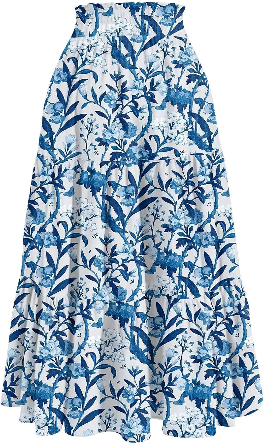 Summer Boho Maxi Skirt Floral Casual Drawstring Elastic High Waist Long Skirts A Line Pleated Tiered Going Out Skirts
