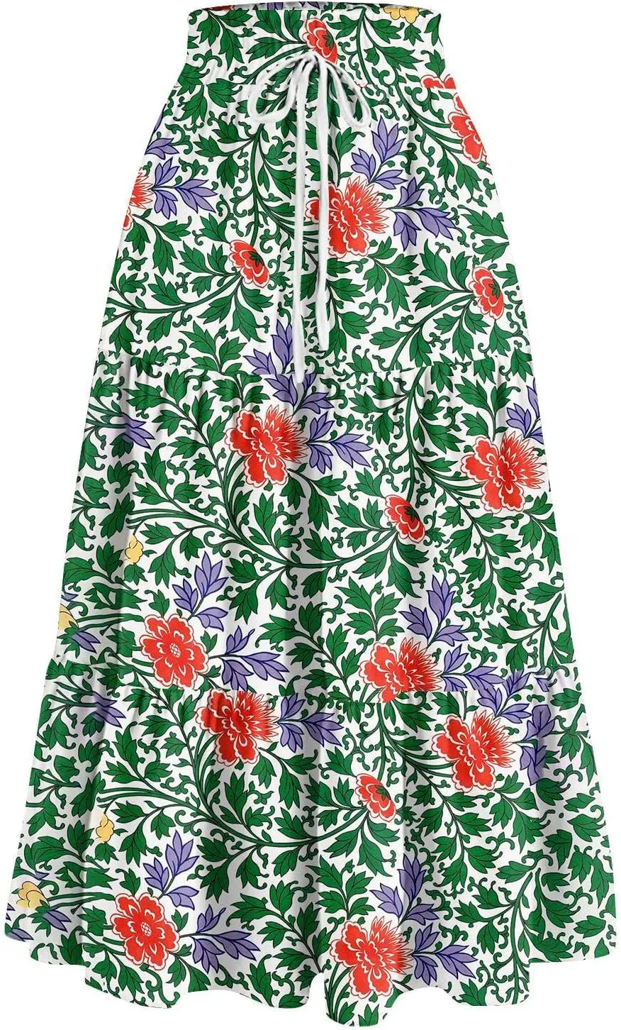 Summer Boho Maxi Skirt Floral Casual Drawstring Elastic High Waist Long Skirts A Line Pleated Tiered Going Out Skirts