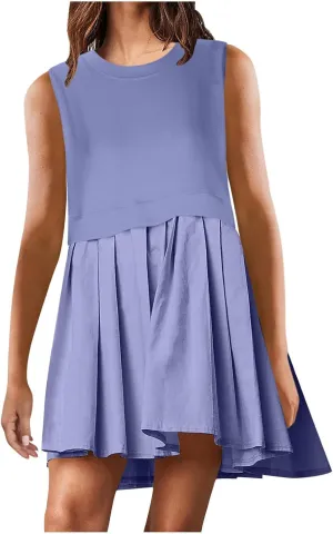 Summer Dresses for Women 2025 Casual Crew Neck Sleeveless Tank Mini Dress Color Block Ruffle Flowy Sundresses