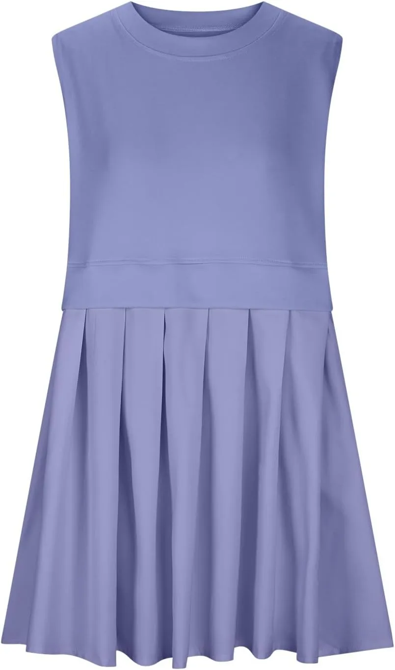 Summer Dresses for Women 2025 Casual Crew Neck Sleeveless Tank Mini Dress Color Block Ruffle Flowy Sundresses