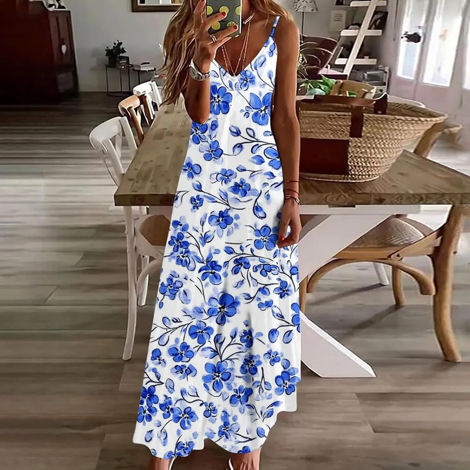 Summer Dresses for Women 2025 Casual Loose V Neck Halter Tank Long Dress Flowy Floral Boho Beach Maxi Sundresses
