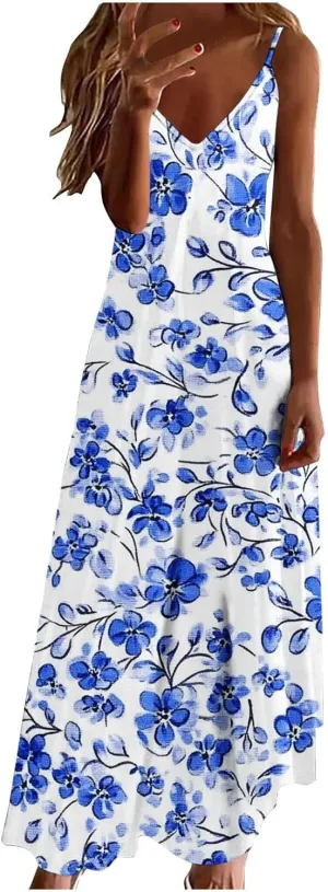 Summer Dresses for Women 2025 Casual Loose V Neck Halter Tank Long Dress Flowy Floral Boho Beach Maxi Sundresses