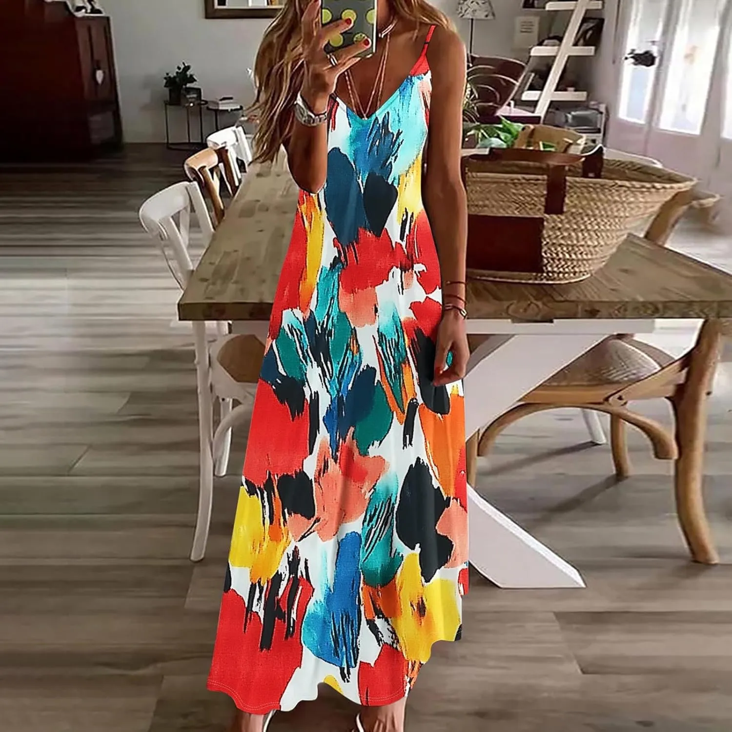 Summer Dresses for Women 2025 Casual Loose V Neck Halter Tank Long Dress Flowy Floral Boho Beach Maxi Sundresses